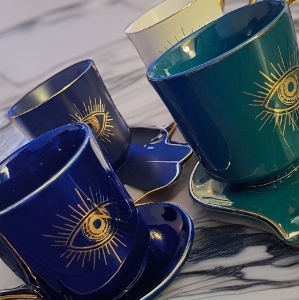 Hamsa Art Mug With Saucer. 4 Sets